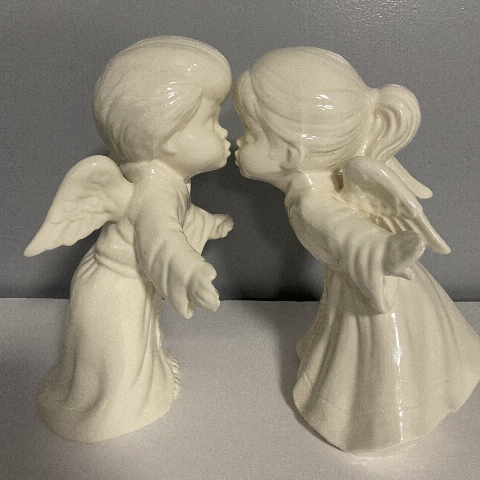 Ceramic Kissing Angels Figurines, Set of 2 ~  White 10” Tall