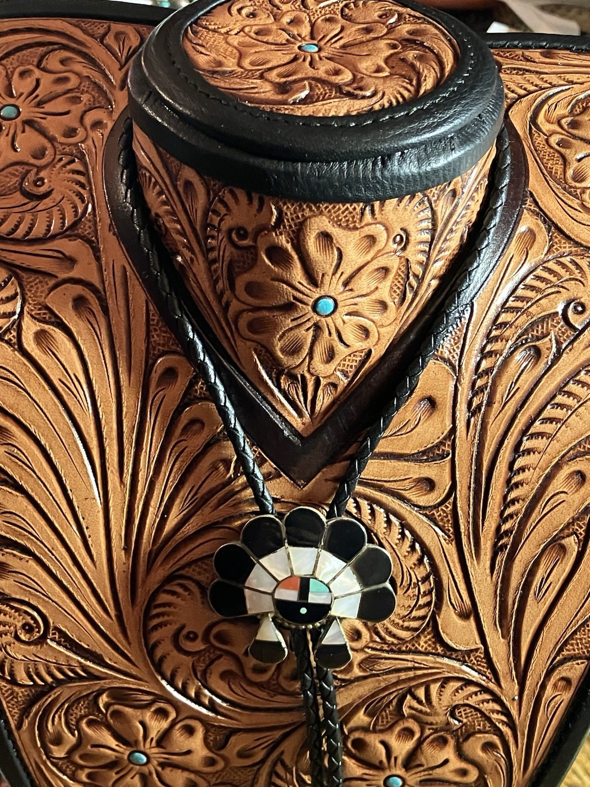 Zuni Sunface Inlay Vintage Bolo Sterling 925 MOP Jet Turquoise Coral 1960-1970s