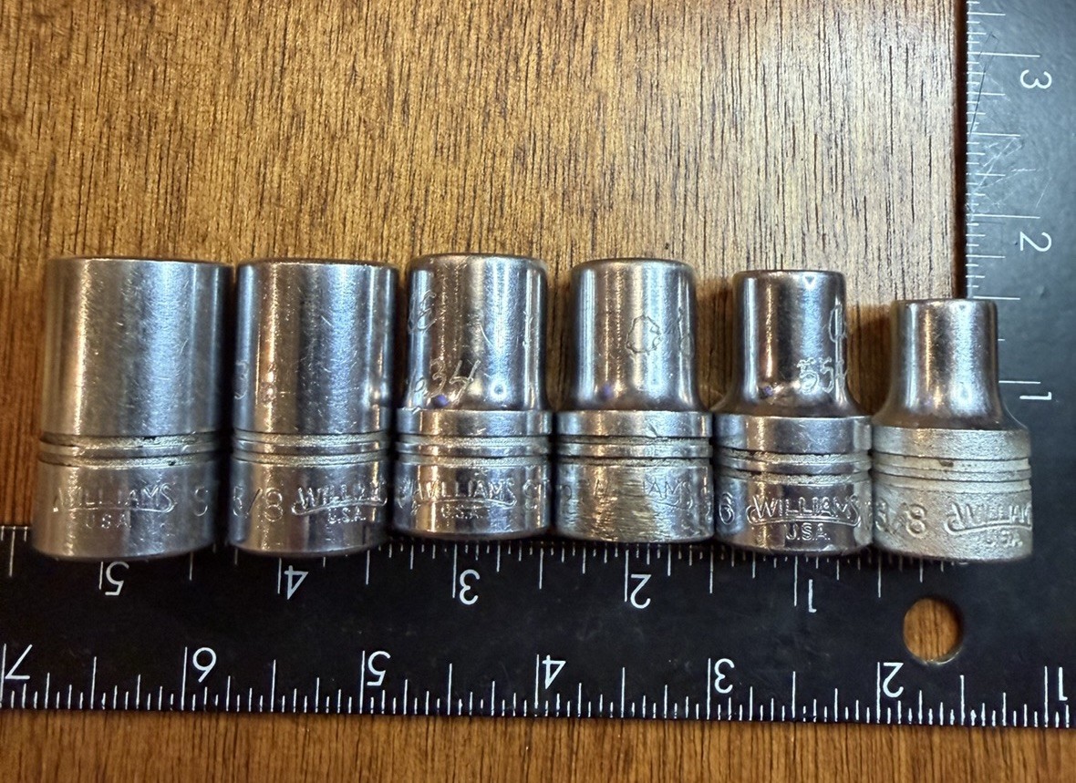 Williams 6pc Sockets 1/2” Drive Vintage USA Tools 12pt SAE 11/16”- 3/8” Williams 6pc Sockets 1/2” Drive Vintage USA Tools 12pt SAE 11/16”- 3/8”
