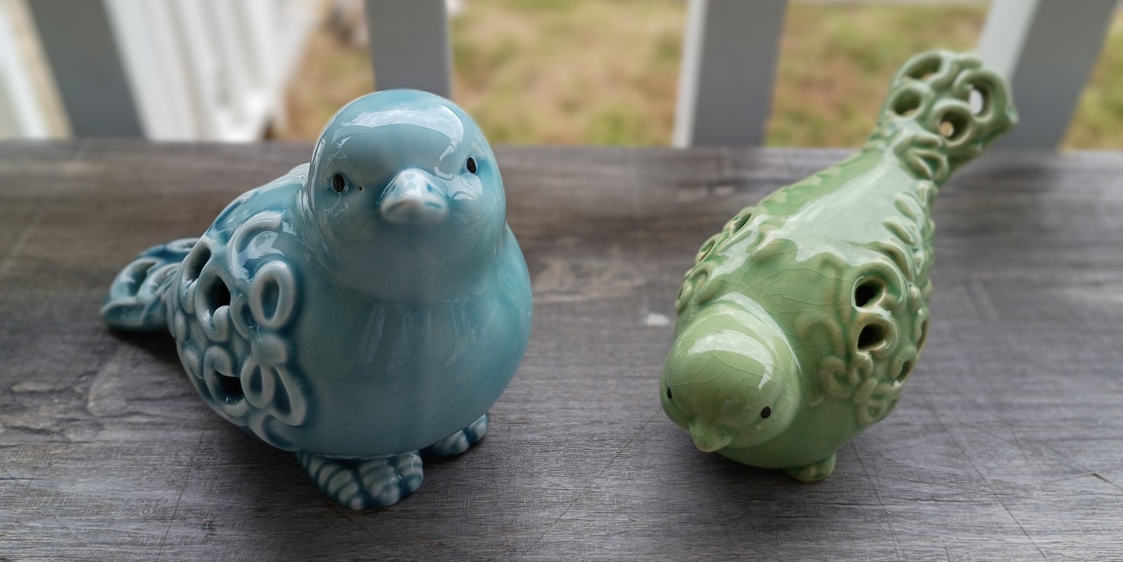 Pair Ceramic Bird Figurines Pierced Blue Green Crackle Glaze 8in 6in