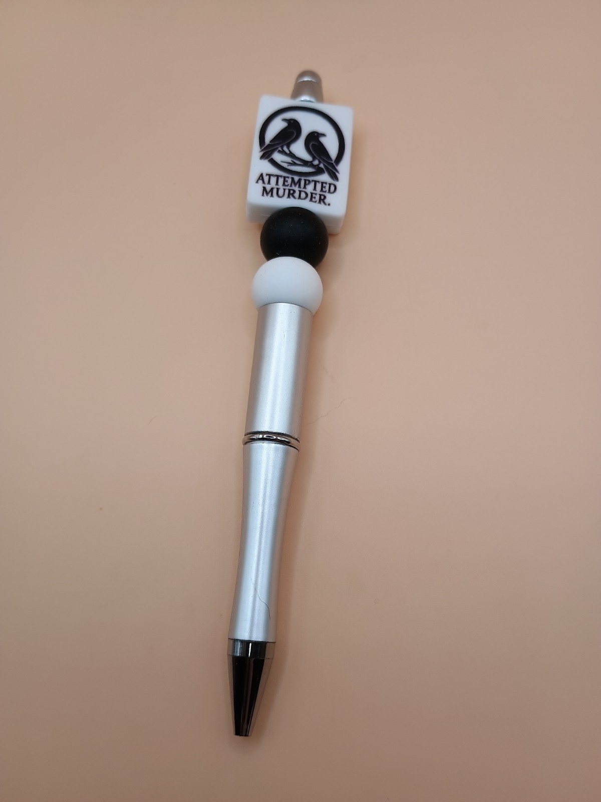 Attempted Murder Crow Beaded Pen – Silver Handmade 1.0 Ink Pen with Black & Whit
