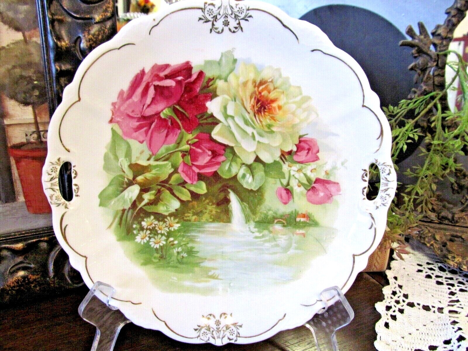 Bavaria Germany pink cabbage roses & water fall plate open edges German 1930s 