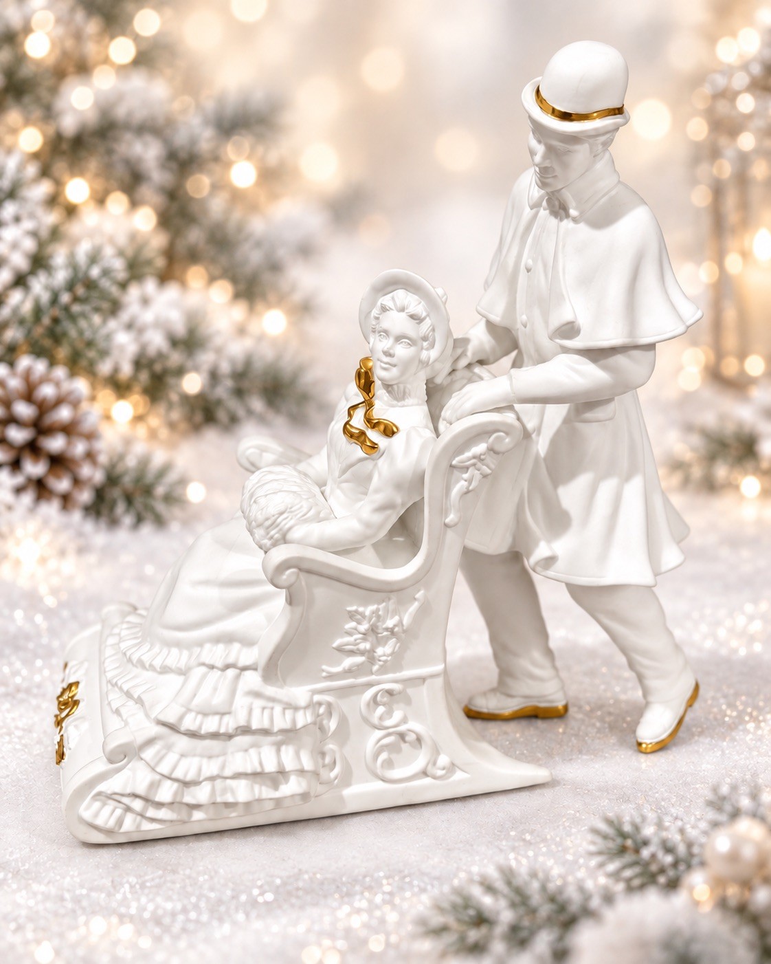 Lenox Winter’s Romance Sleigh Ride Music Box 1993 24K Gold Porcelain 8.5”