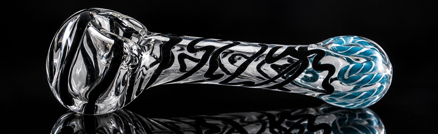 Glass Tobacco Hand Pipe Clear Black Swirl Teal Blue Accent Art Glass