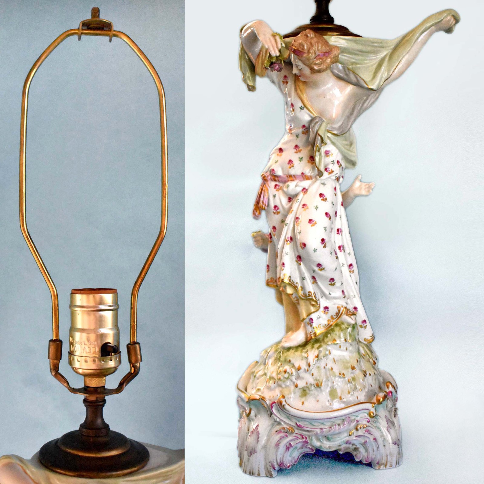c. 1840 German Porcelain Rococo Figurine - KPM - Allegory of Spring - Tall Lamp