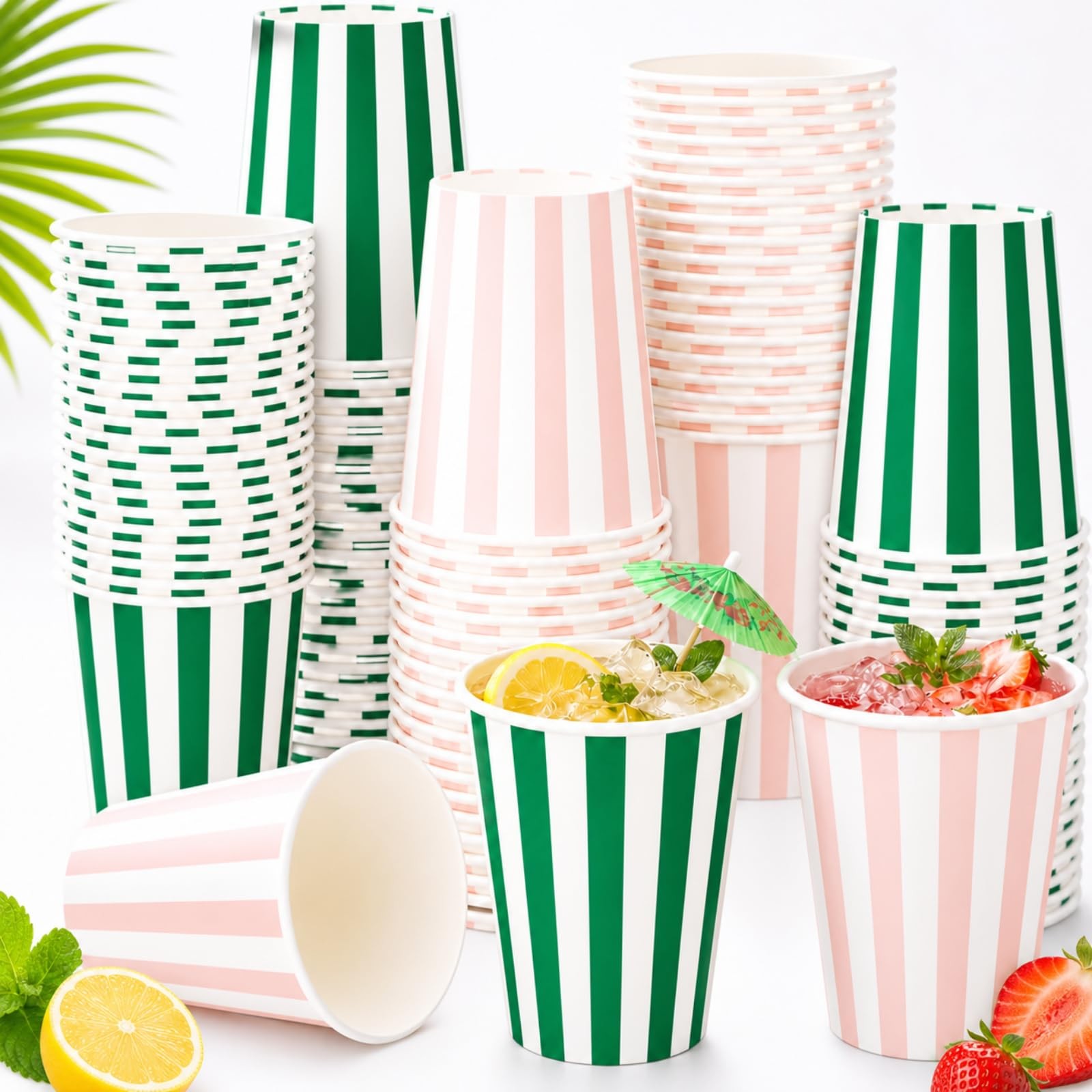 Yungyan 100 Pack Pink and Green Cabana Striped about 9 oz,