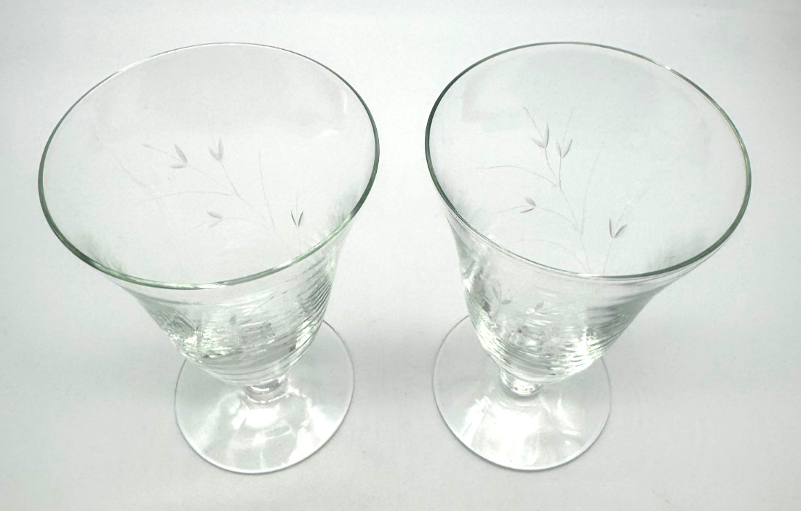 2 Vintage Etched Clear Crystal Stemware Iced Tea Goblet Wine Barware Glasses MCM