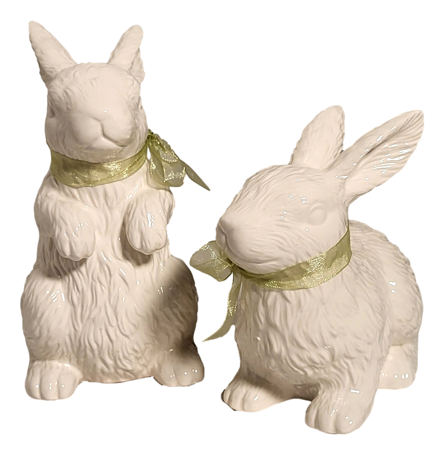 Spring Decor Easter Bunny Rabbit Figurine Set of 2 White Sculpted Ceramic 8.5in
