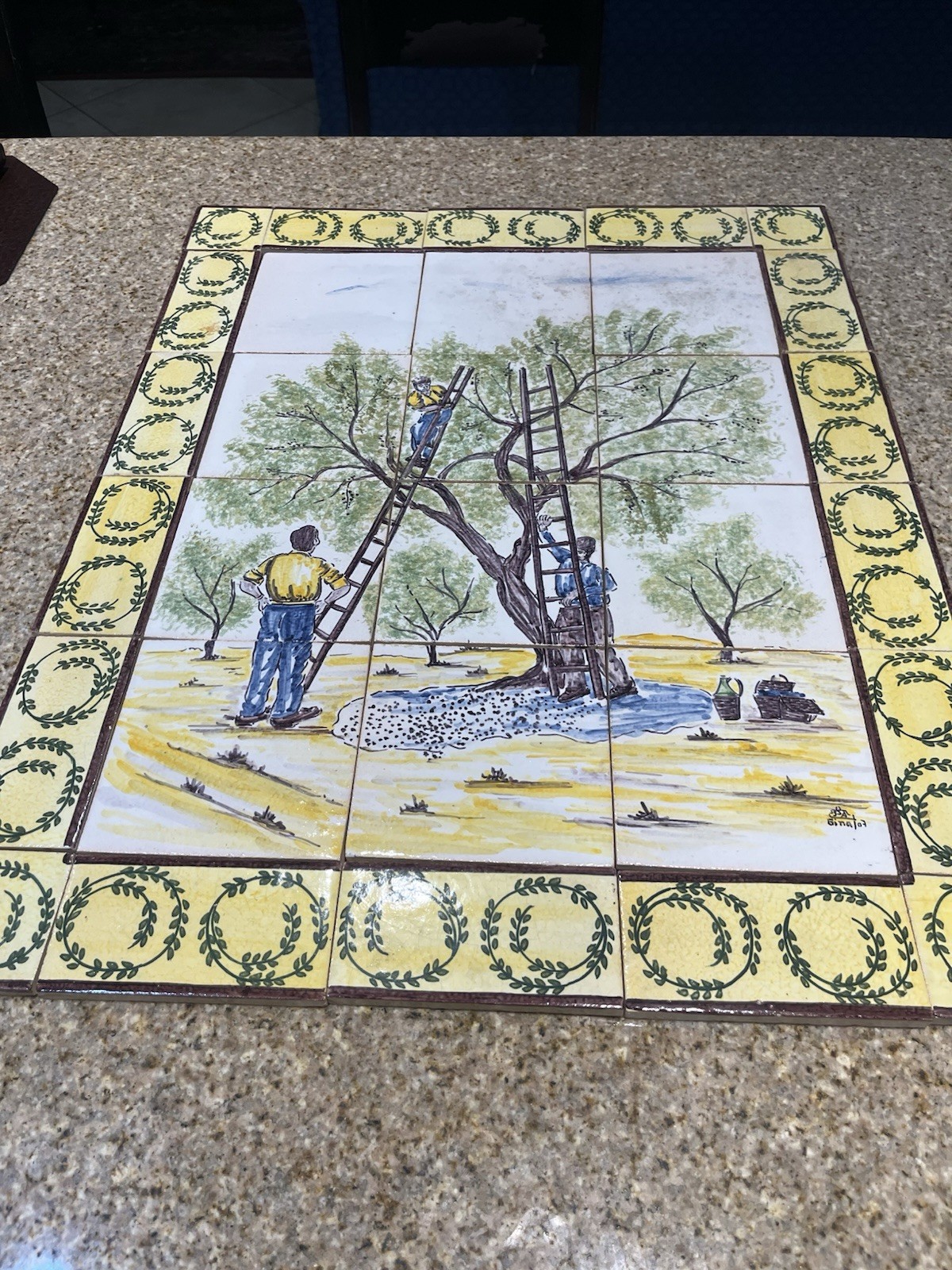Hand Painted Ceramic Tile Mural Depicting a Olive Harvest Scene.