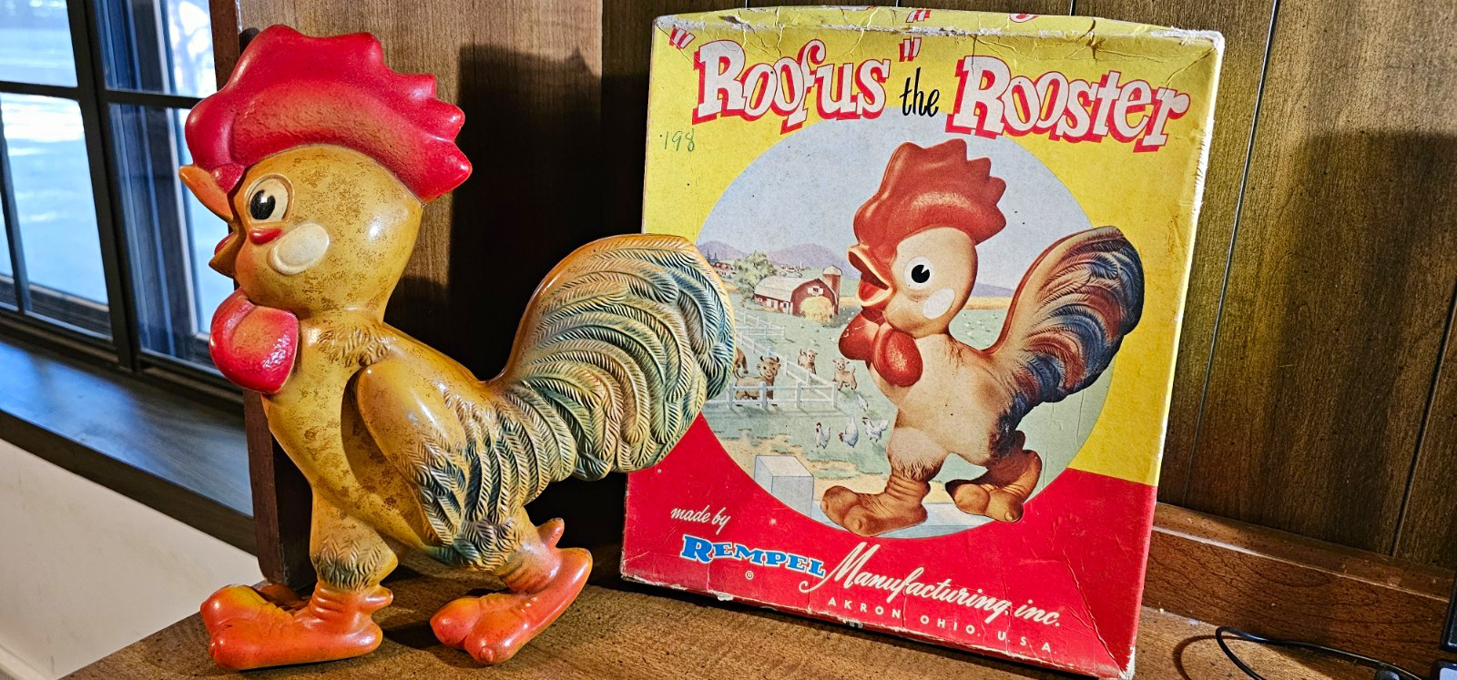 Vtg 1950's Rempel Roofus the Rooster Rubber Squeak Toy Akron OH with Orig. Box