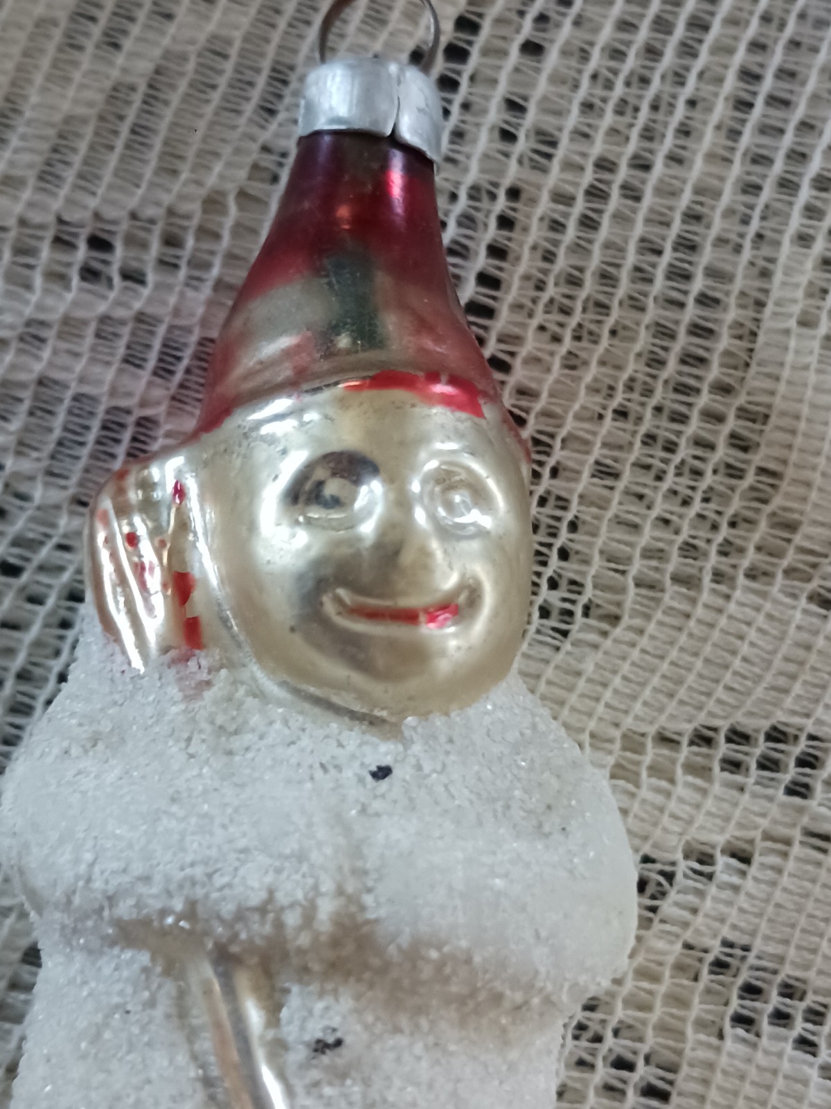 Antique 1900s German Glass Christmas Ornament Mica Snowman Red Hat Broom 3 1/4”