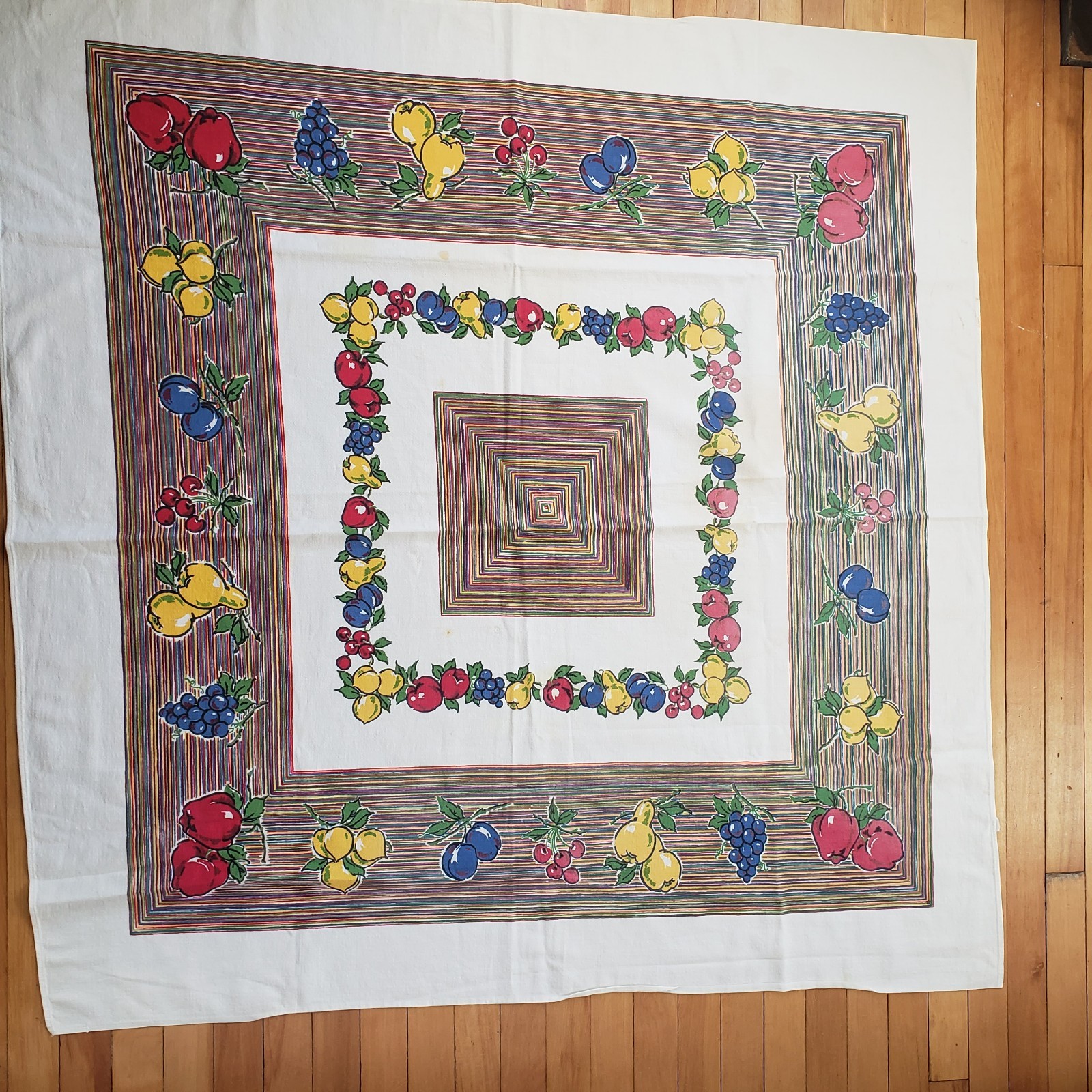 Vtg 1950s Startex Colorful Fruit Stripes Tablecloth 49 In Square Farmhouse  READ