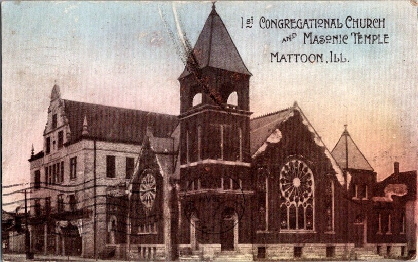 Postcard st Congregational Church Masonic Temple Mattoon IL Illinois 1908 J-550