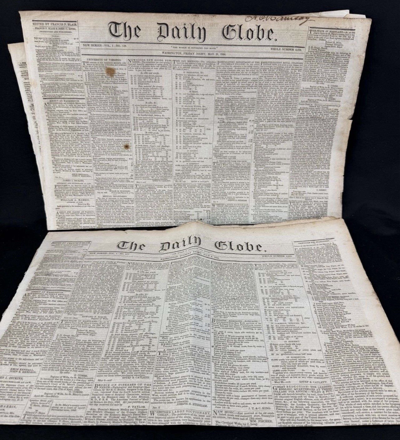 Antique 1844 The Daily Globe Newspapers Washington DC Pair May & July Politics
