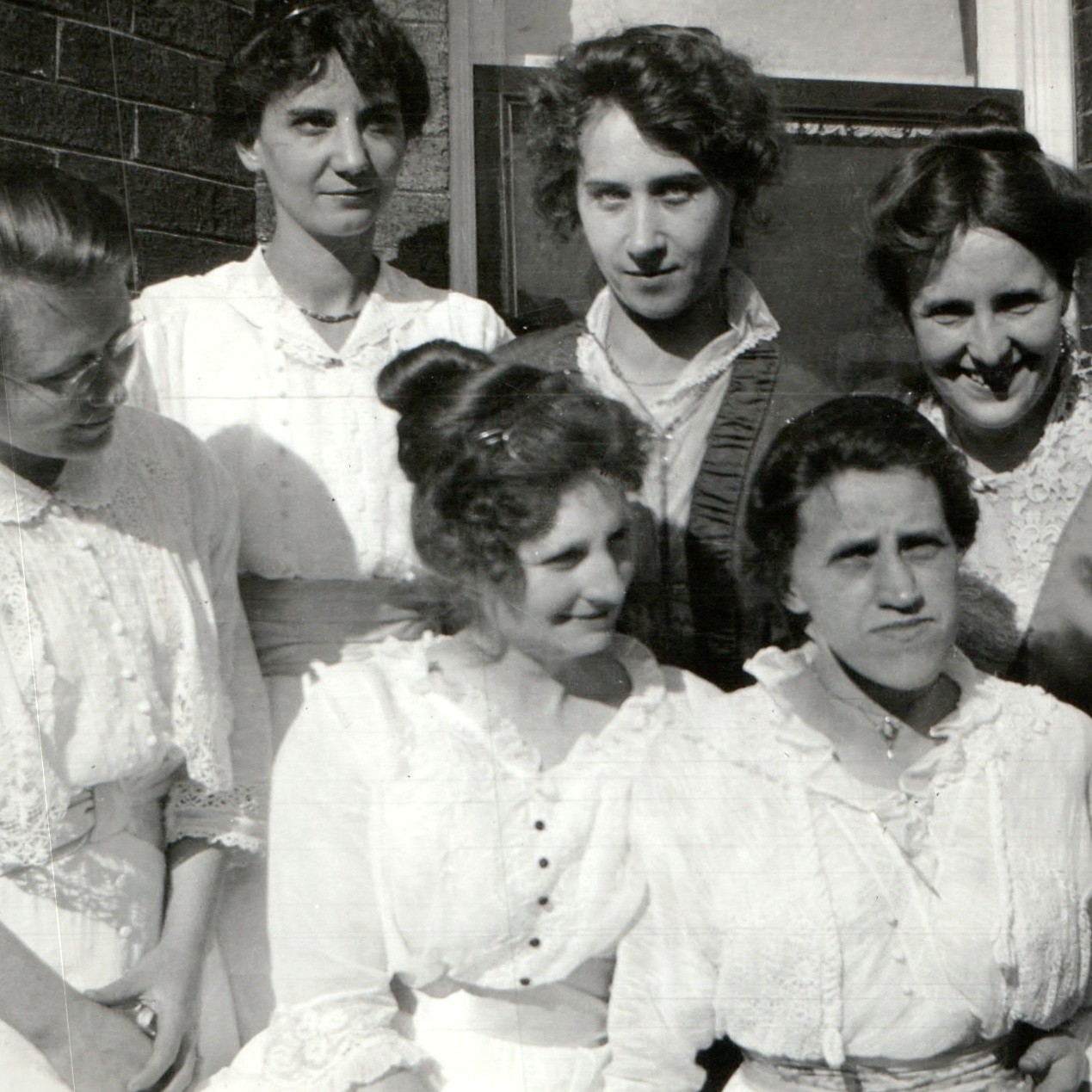 c1910s Group of 6 Young Women Balcony Snapshot Photo White Lace Dresses Vintage