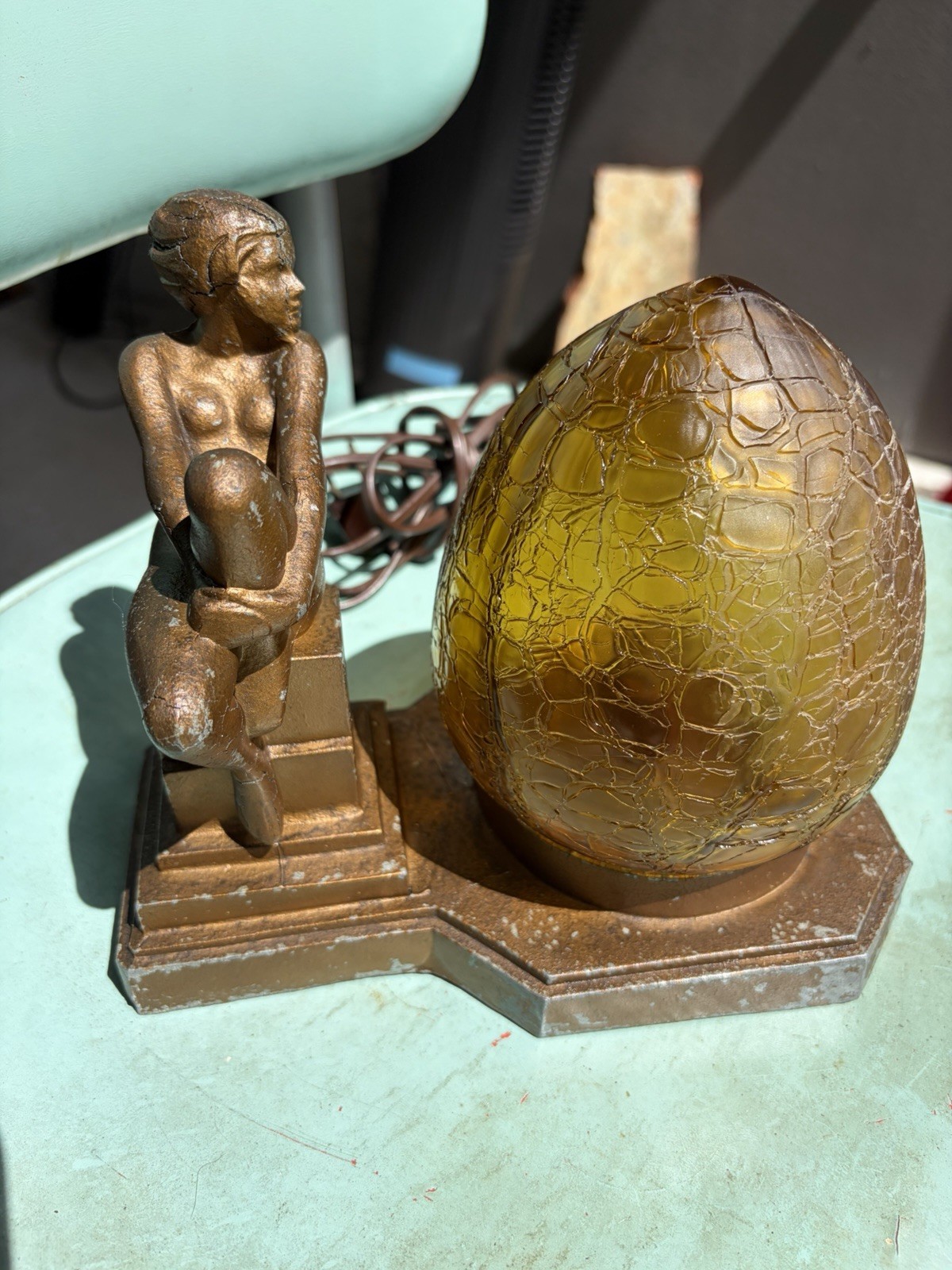 Antique Art Deco APT-NY Co Signed Spelter Lady Lamp Crackeled Glass Globe