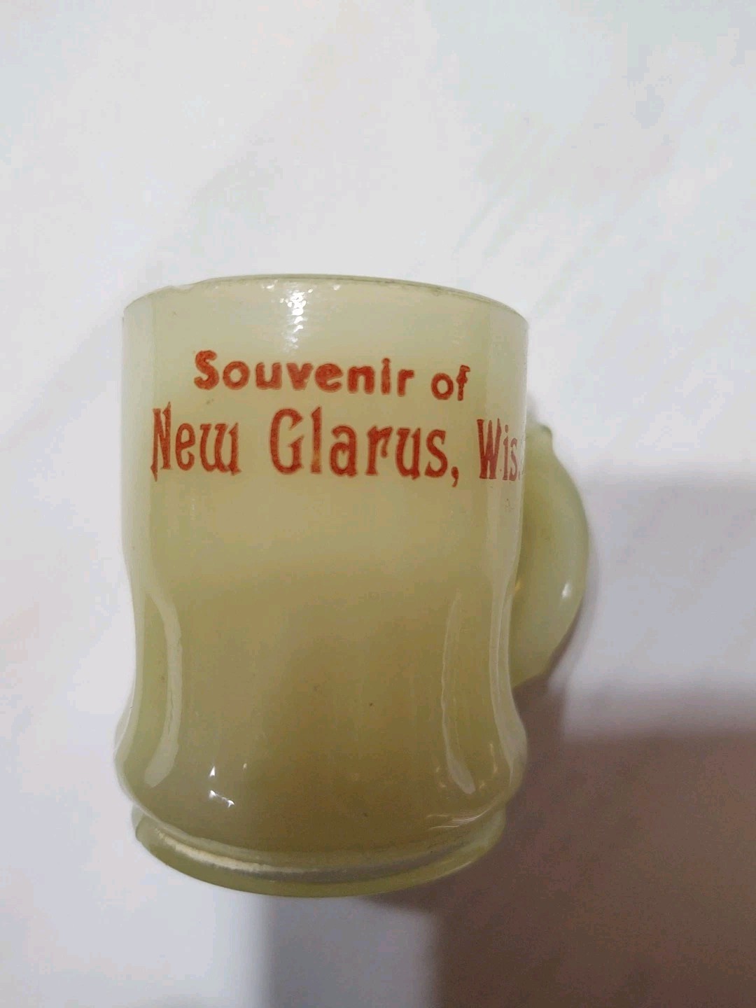 Custard glass Souvenir New Glarus Wis Toothpick Holder, Early 1900 Advertising 
