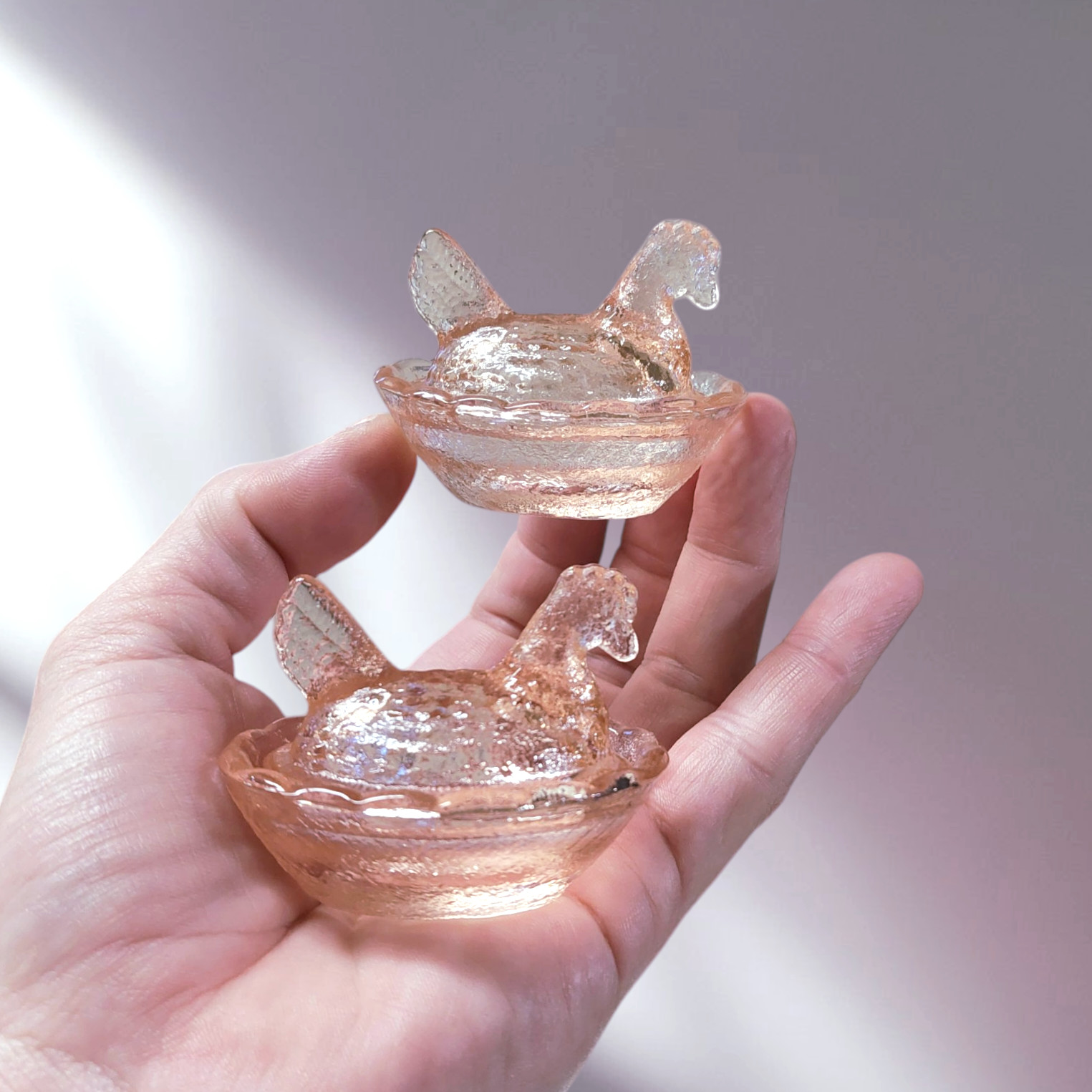 2 Pink Glass Mini Hen on Nest Chicken Salt Dish, Depression Style, Vintage Style
