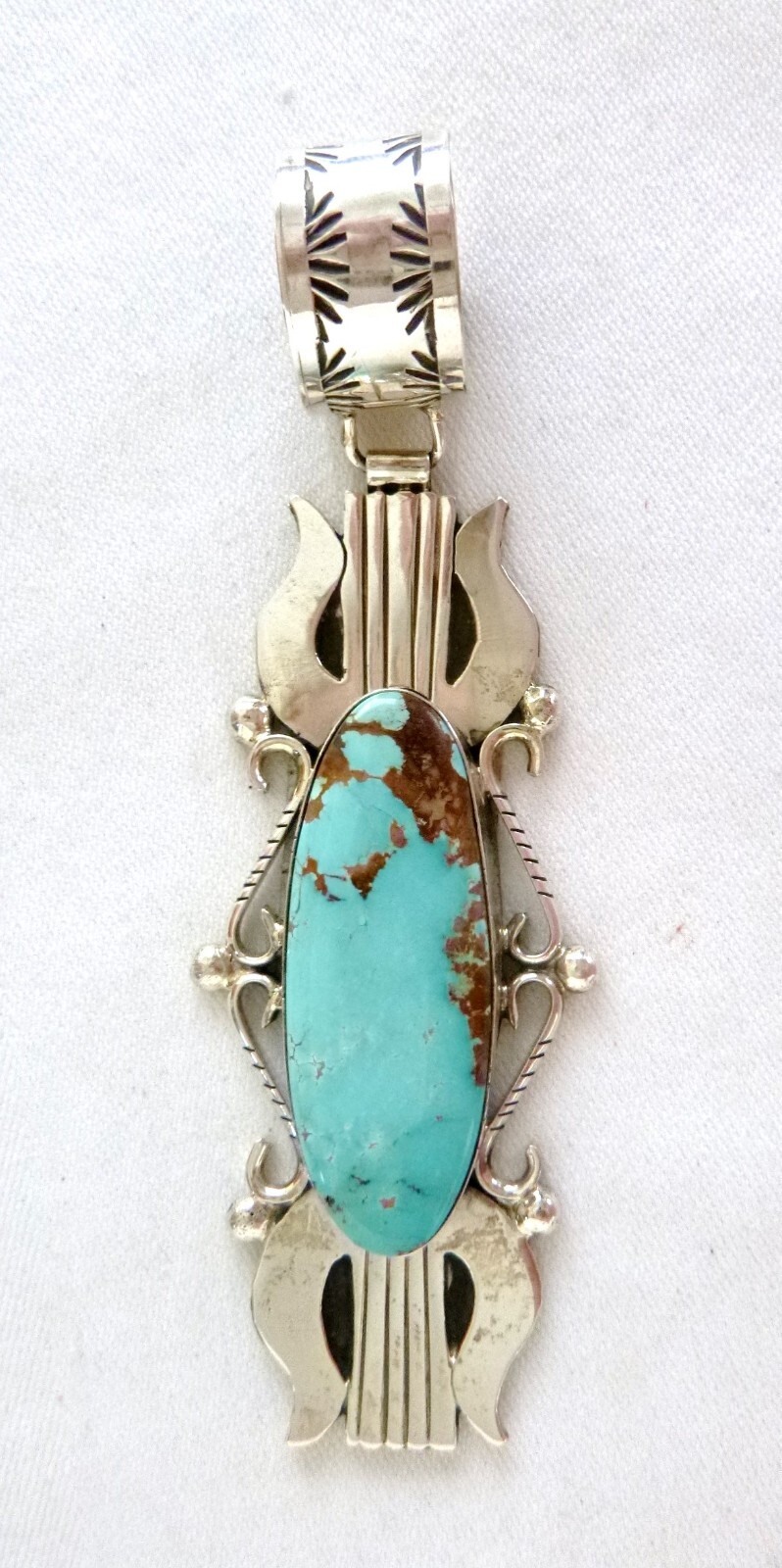 Navajo Betta Lee Pilot Mountain Turquoise  Pendant 925 Sterling Silver 4.25 Inch