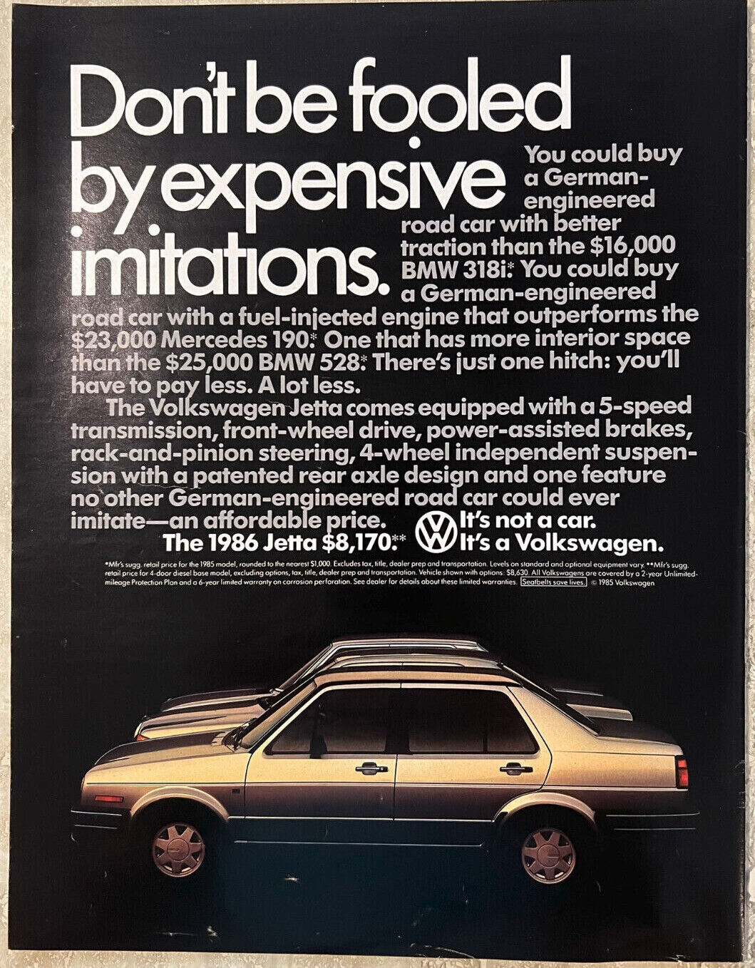 1985 VW Volkswagon Jetta 5-Speed Front Wheel Drive Automotive Vtg Print Ad