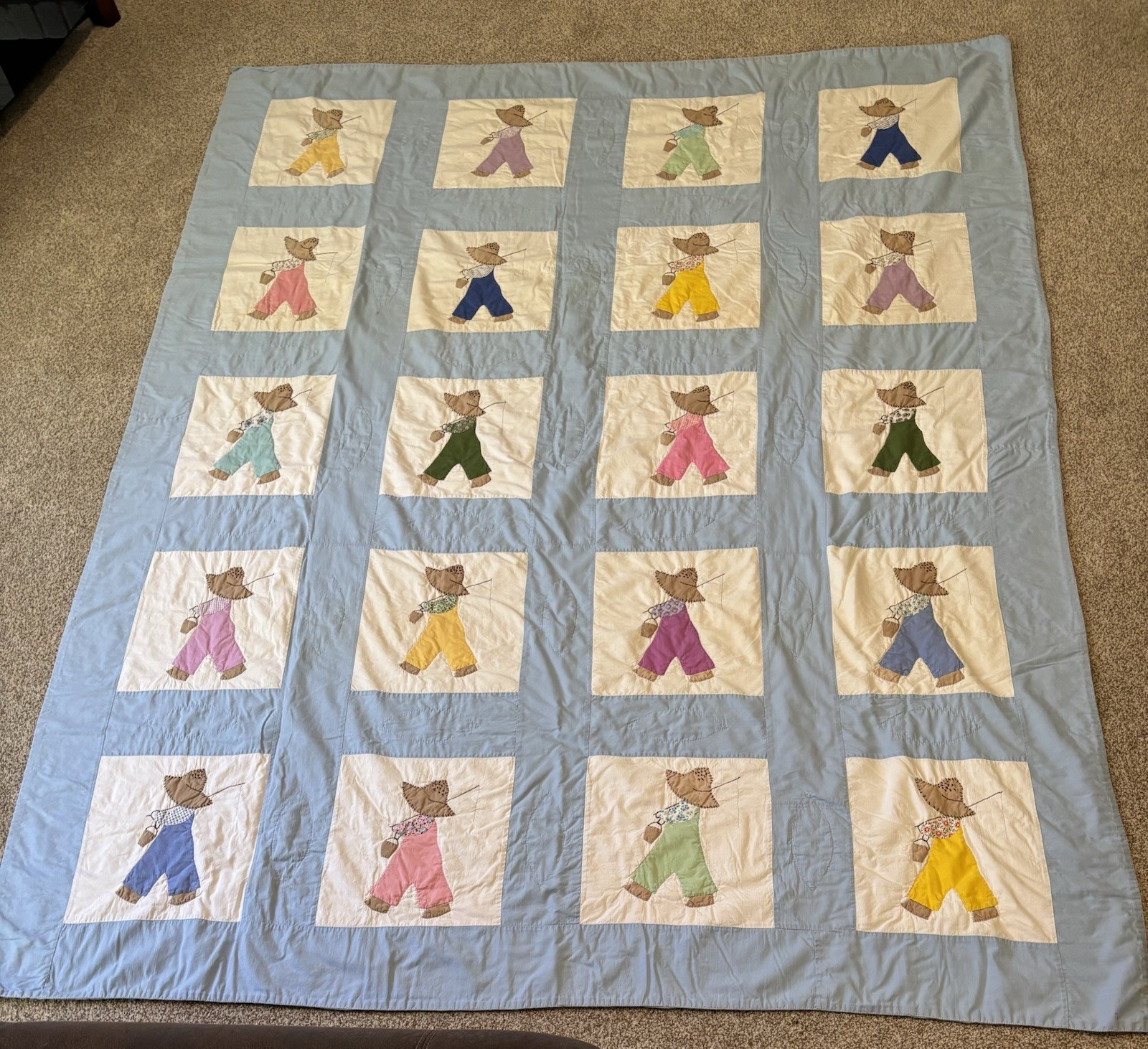 Vintage Handmade Overall Sam Fishing Boy Applique Quilt Blue 63x80 Cottage