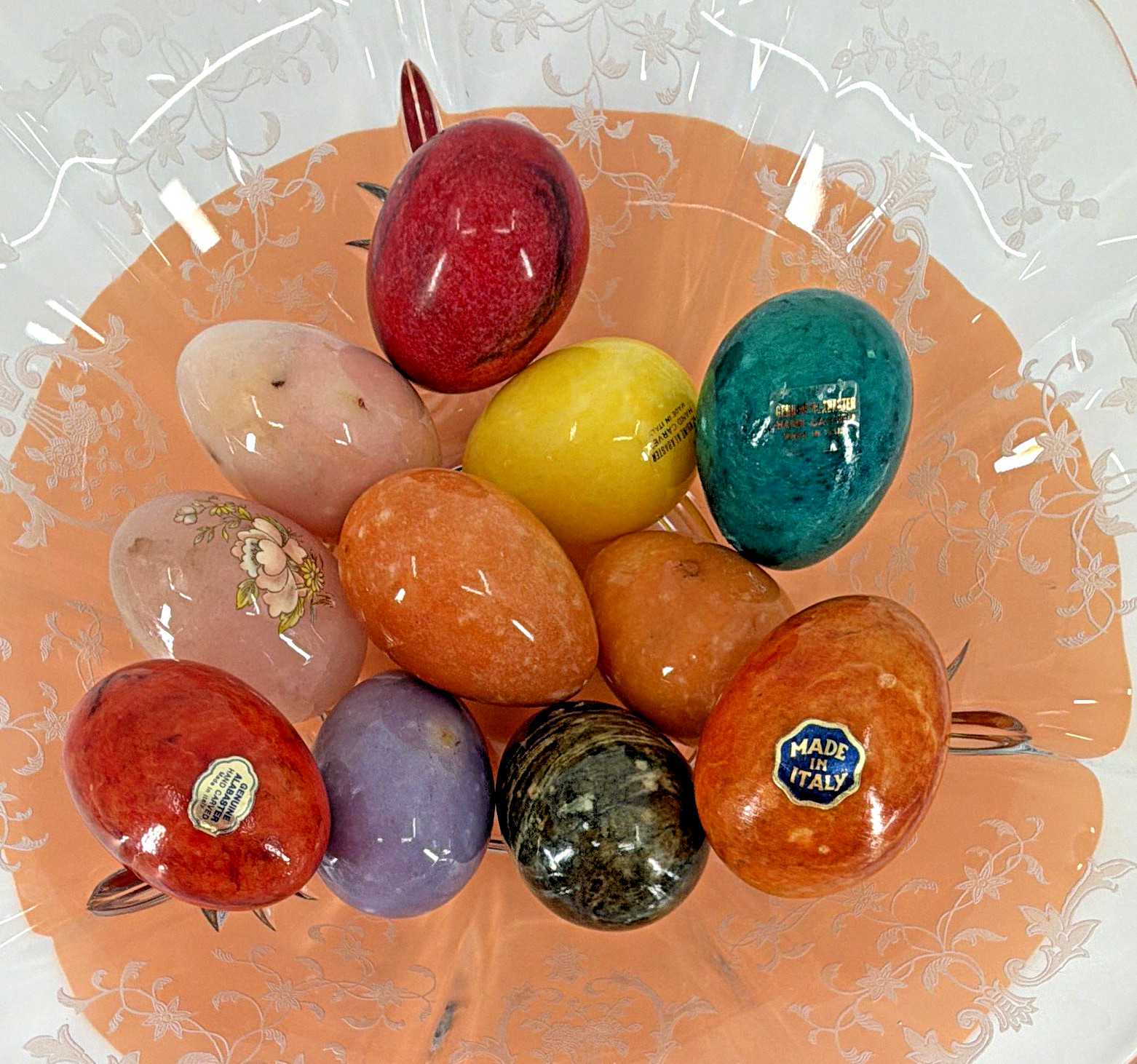 Lot 11 Vintage Italian Alabaster Marble Eggs Hand Carved Italy Floral Dyed Decor