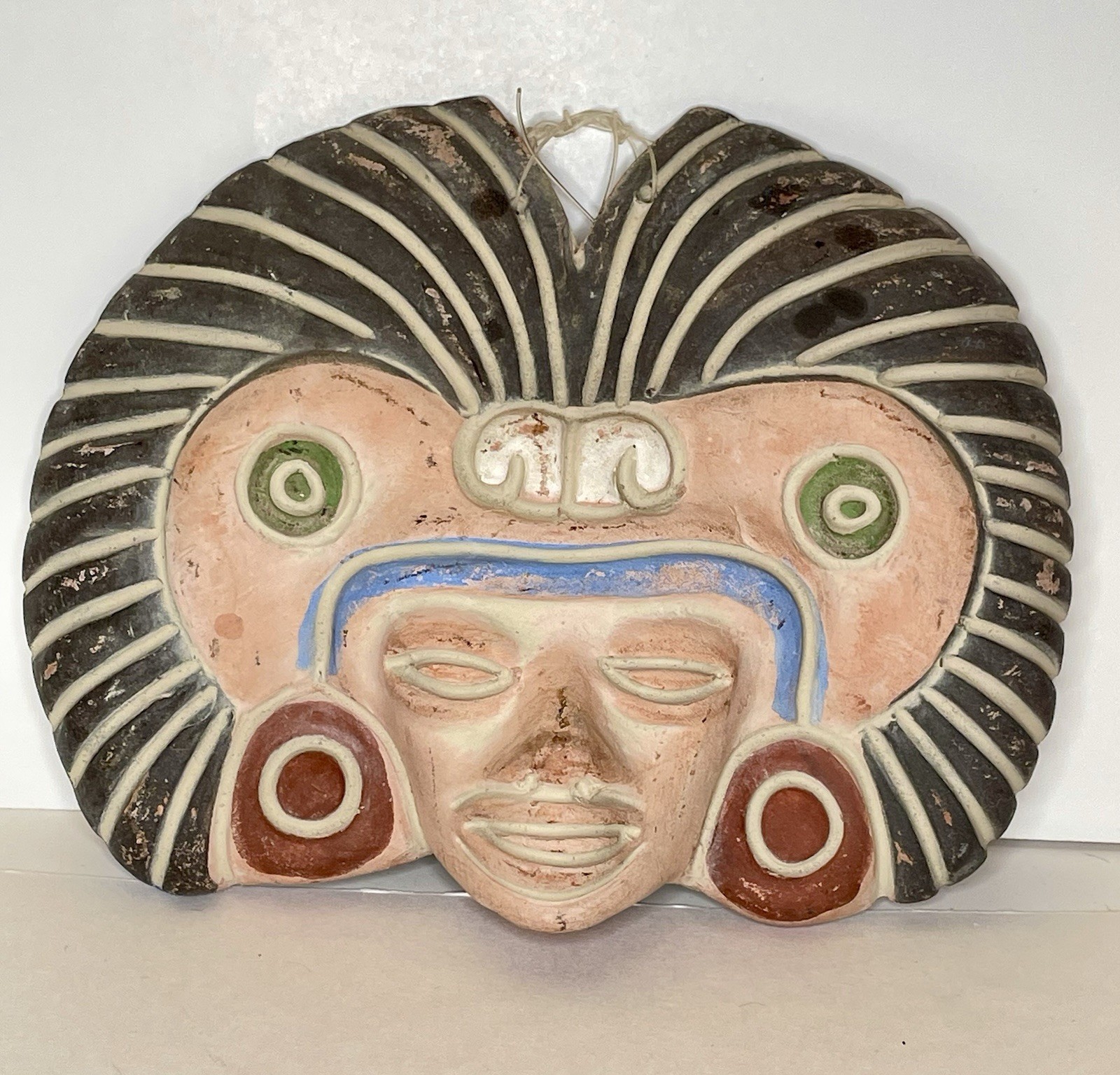 Vintage Mexican Aztec Mayan Style Terracotta Pottery Wall Mask Folk Art 7.5”