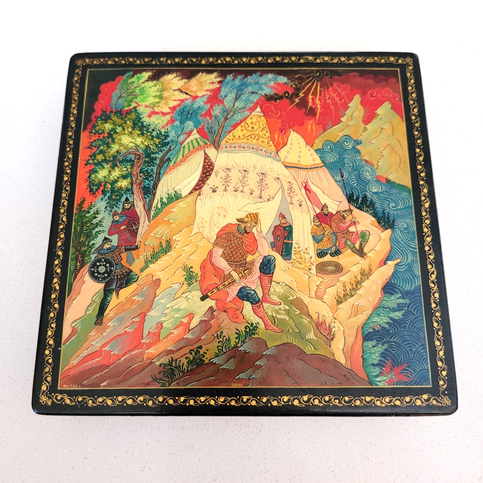 Russian Red Lacquer Box 6.5” Square Mstera Hand Painted Folk Art 