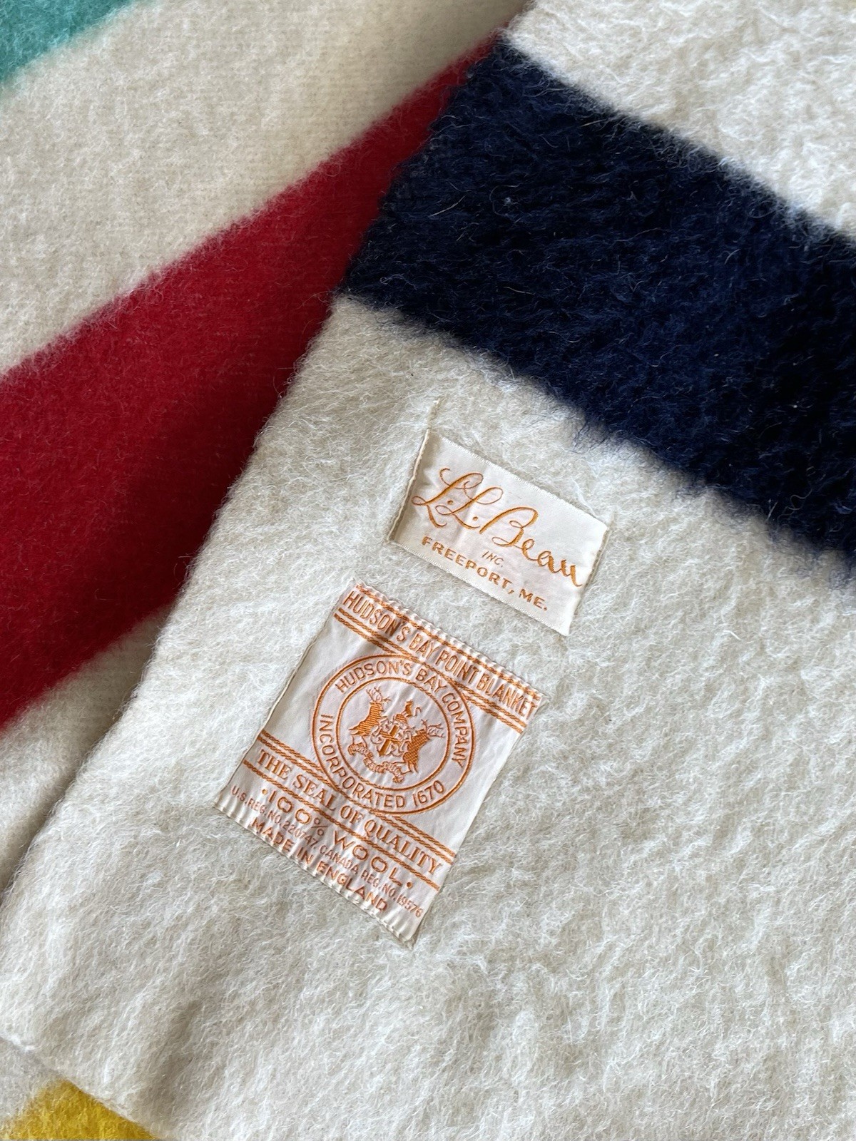 VTG Hudson\'s Bay Company X LL Bean Collab Dual Labels 4 Pt Stripe Wool Blanket