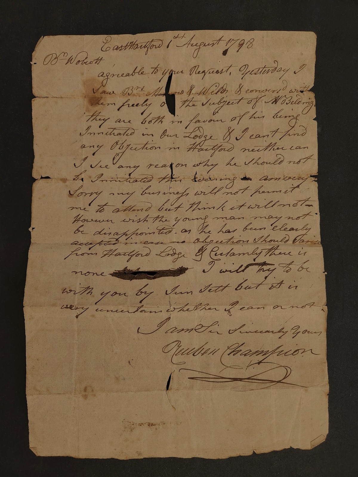 1798 antique MORNING STAR LODGE east hartford ct REUBEN CHAMPION MASONIC LETTER
