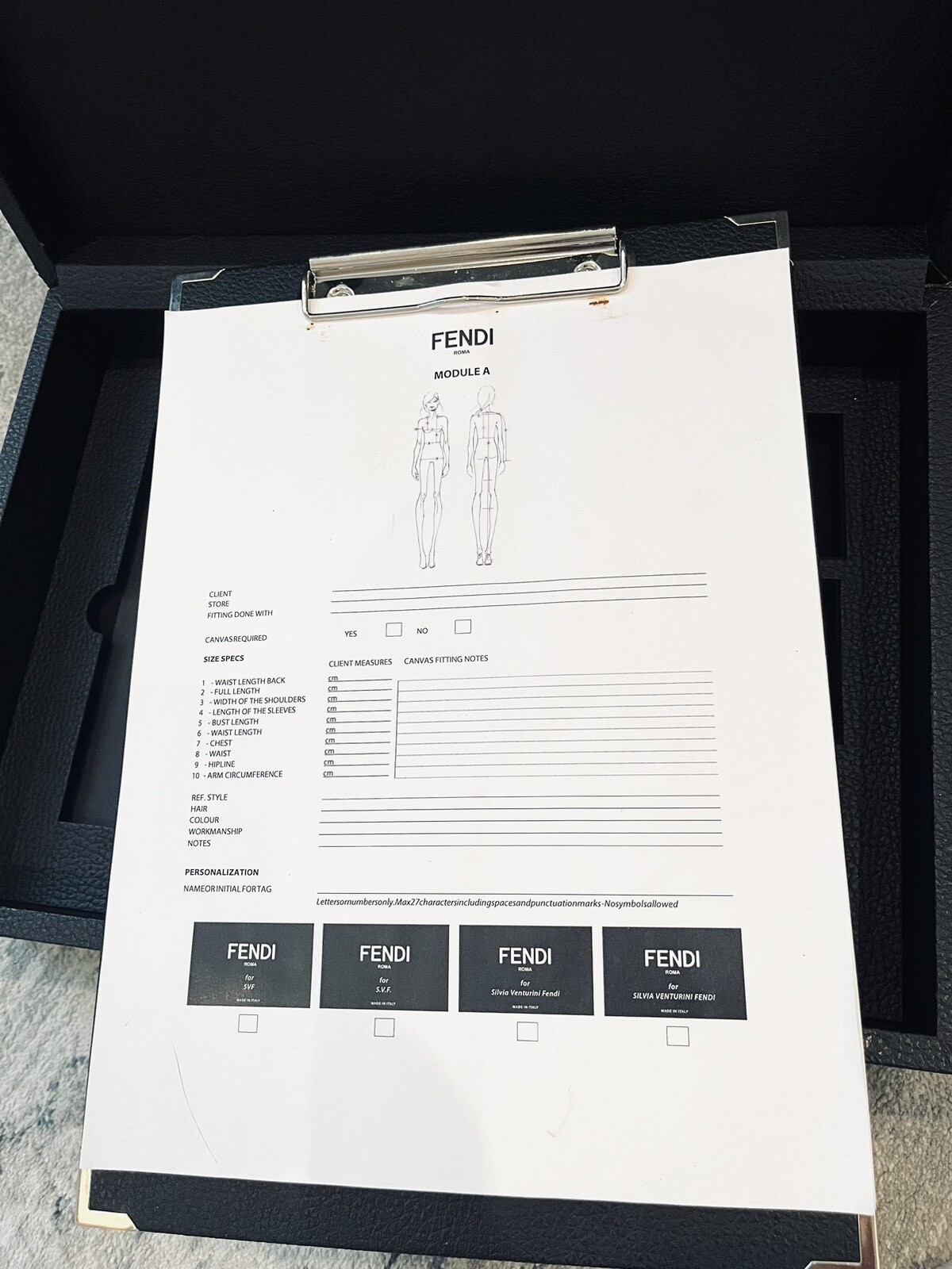 Rare FENDI Logo Black Faux Leather Taylor Box W/Clip And Measure Sheets