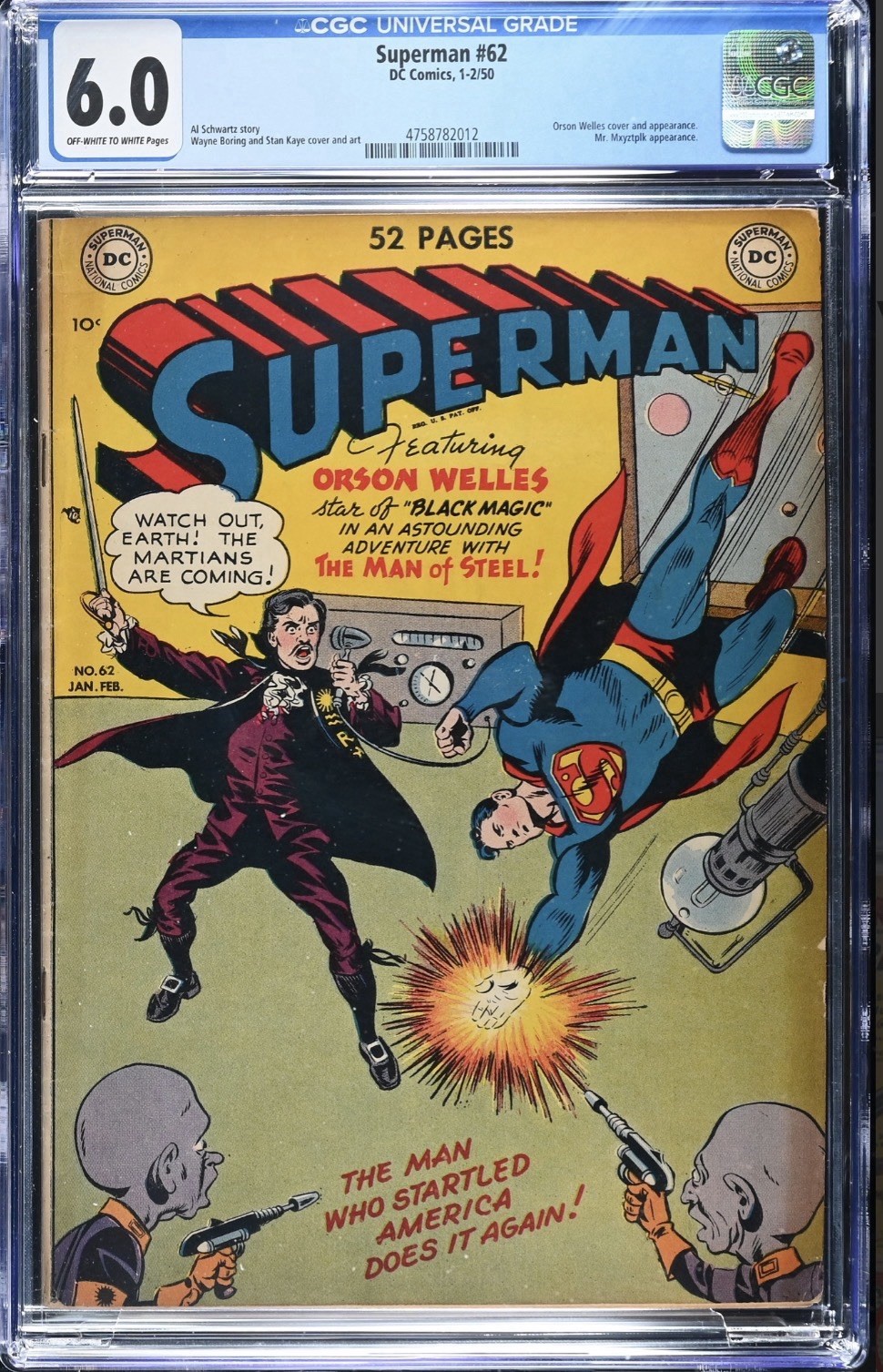 SUPERMAN #62 CGC 6.0 (DC Comics 1-2/50) Orson Welles Cover & Appearance Key SUPERMAN #62 CGC 6.0 (DC Comics 1-2/50) Orson Welles Cover & Appearance Key