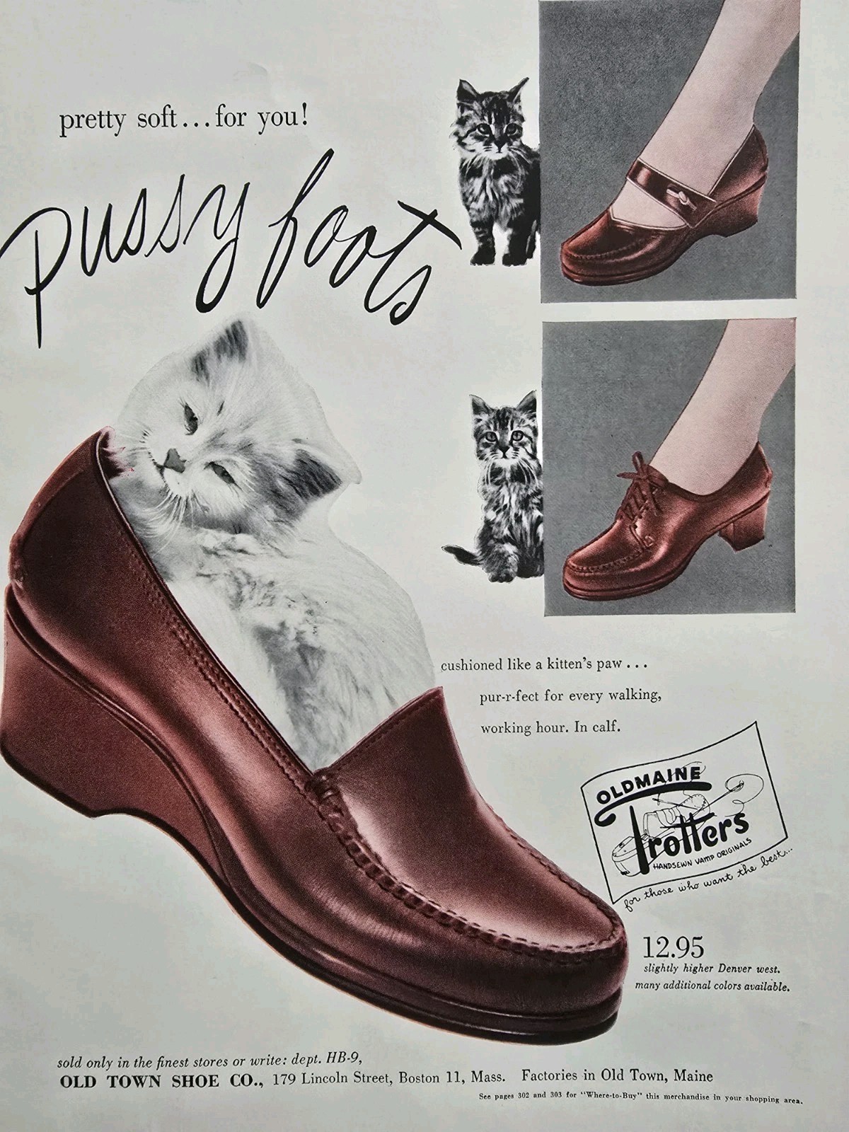 1952 White kitten sleeping OldMaine Trotters Pussy Foots Womens Shoes Vintage Ad