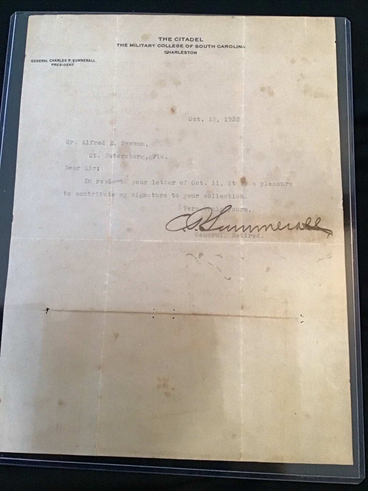 General Charles P. Summerall Signed Letter (1932) WW1 Citadel President RARE General Charles P. Summerall Signed Letter (1932) WW1 Citadel President RARE