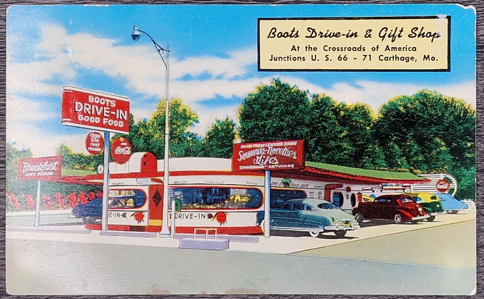 VNT Postcard c1953 Boots Drive-in & Gift shop Junction U S 66-71 Carthage MO
