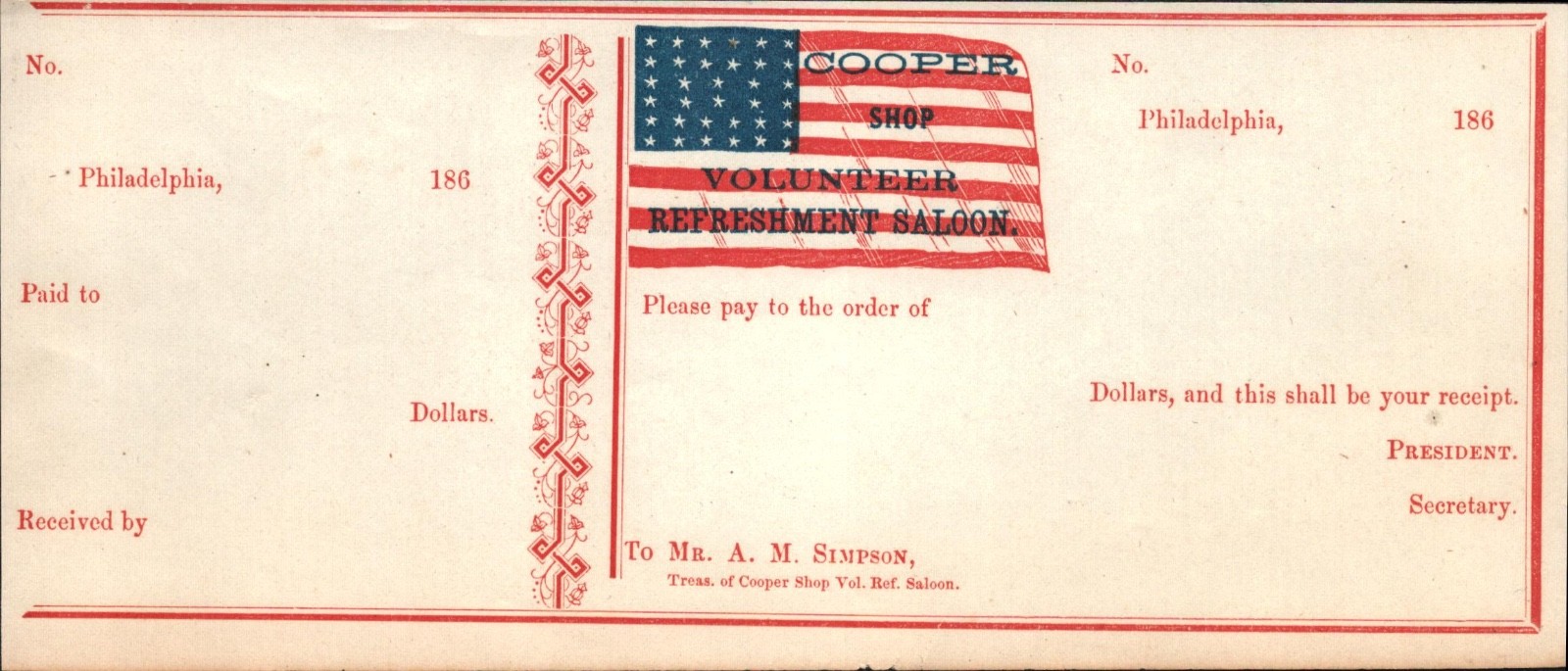 1860s Civil War Cooper Volunteer Refreshment Saloon Old Pay Voucher Philadelphia