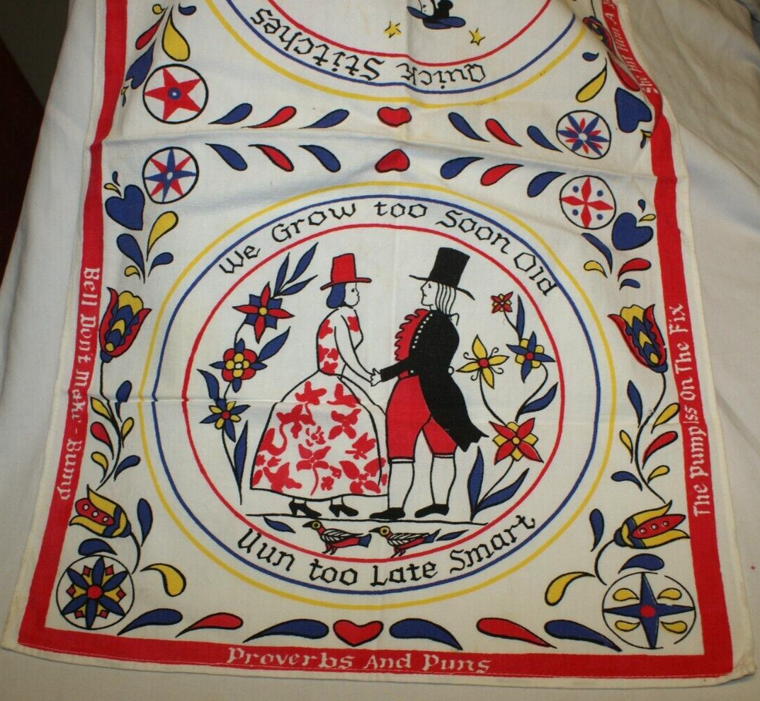 Vtg Pennsylvania Dutch Kitchen Dish Tea Towel Folk Art Proverbs & Puns German