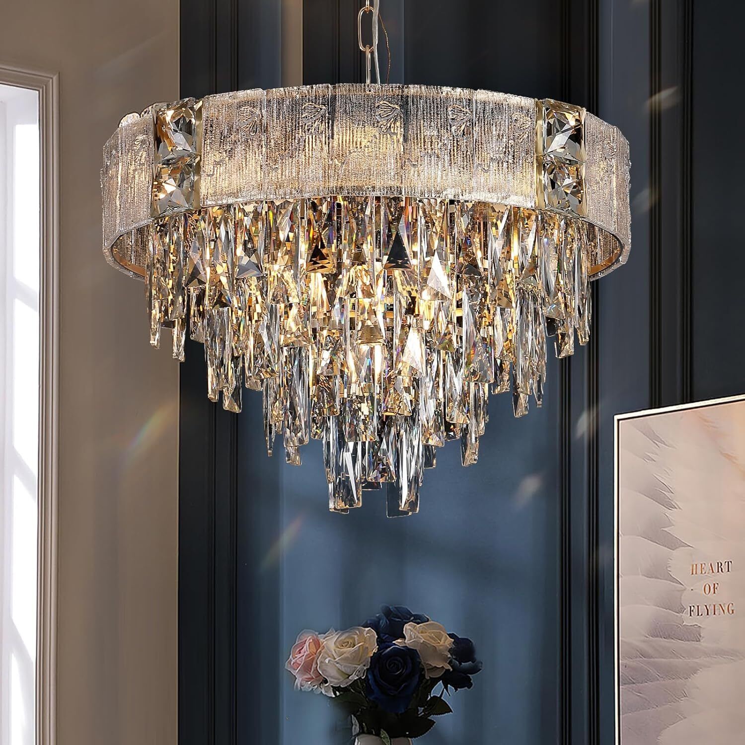 Contemporary Gold 20’’ Crystal Chandelier - Elegant 4-Tier Crystal Ceiling