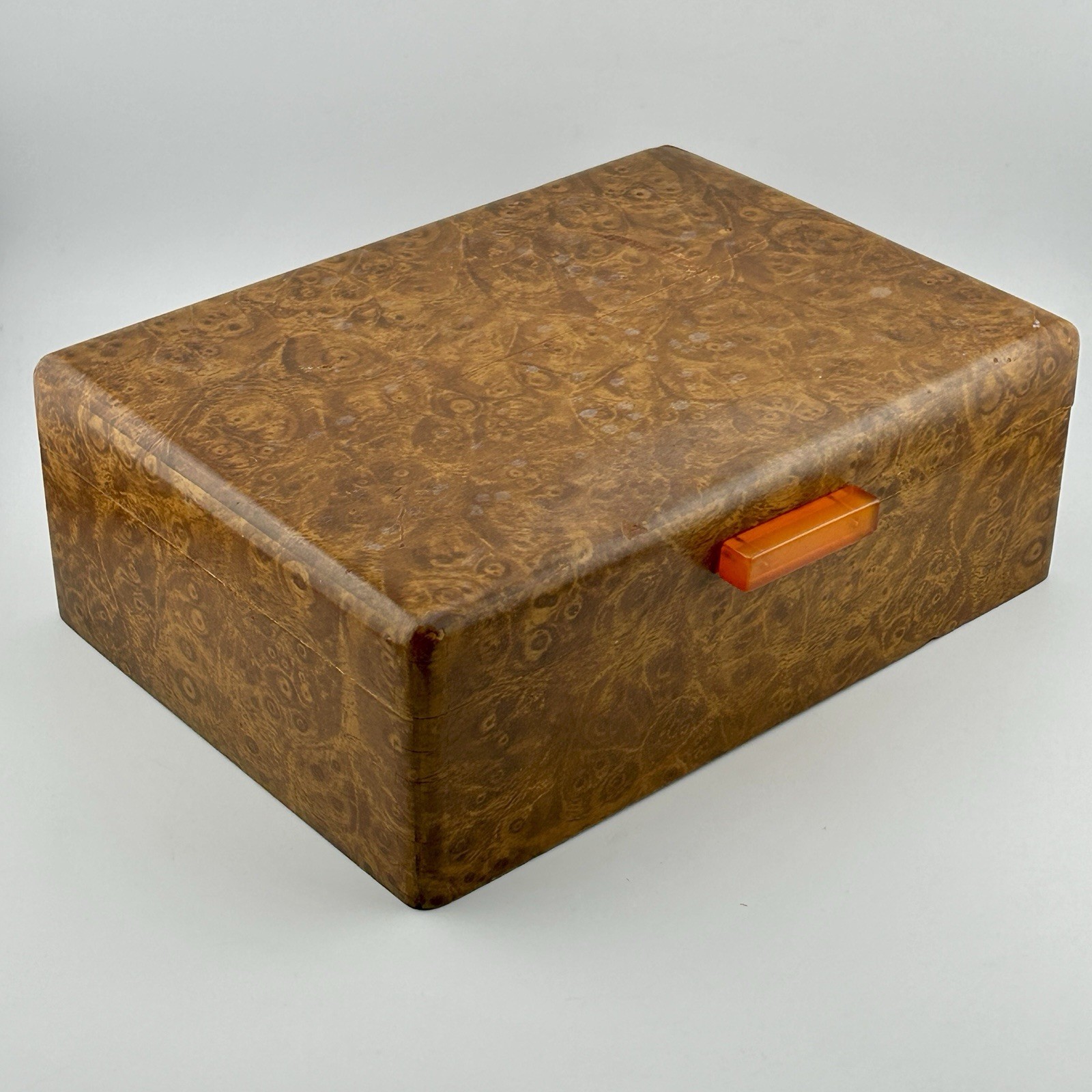 Art Deco Faux Burl Jewelry Sewing Box 8″ Bakelite Pull Olive Lined 1940s VTG