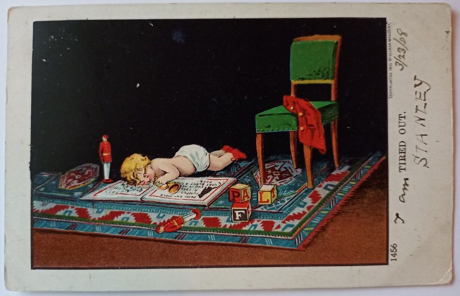 Little Boy Fell Asleep Tired Trumpet Solders Toys Antique Postcard 1908 Undivide