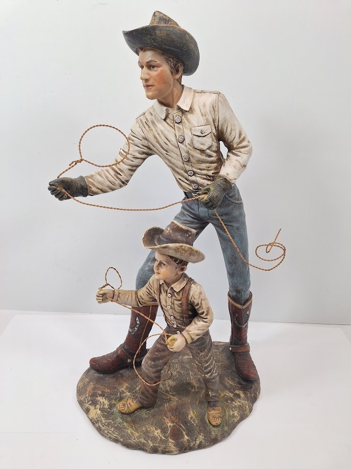 BEAUTIFUL FORK ART FIGURINE COWBOY W/ SON ON CATTLE RANCH HOLDING LASSO ROPE 17