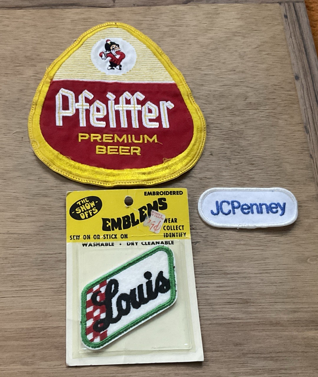 Vtg 3 Patch Lot - Pfeiffer Premium Beer Route Drivers Shirt, JC Penney, Racing