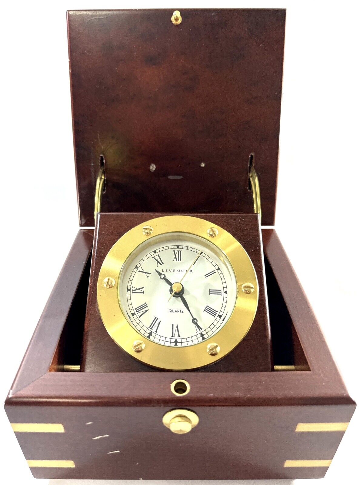 Vintage Levenger Quartz Desk Clock Brass And Dark Wood Fold Up Clock Box