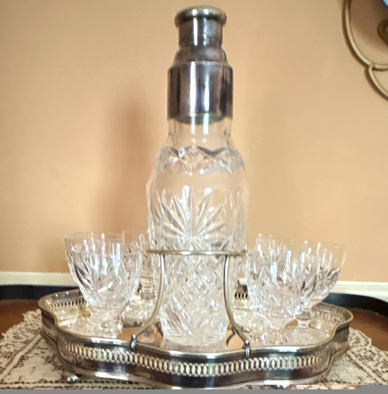 Mappin & Webb Cut Crystal Cocktail Shaker, Silverplate Tray &lid-6glasses