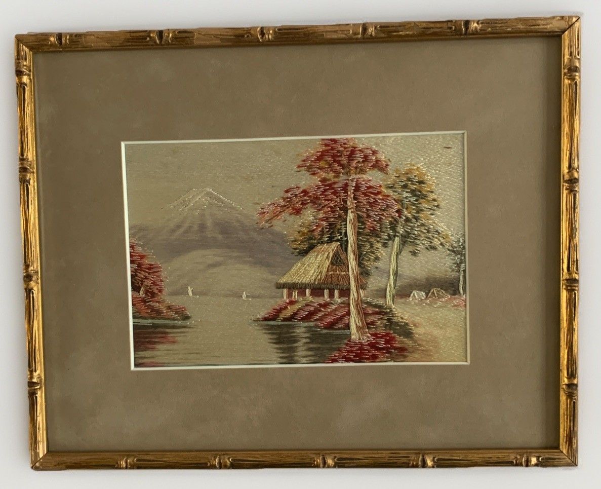 VTG Japanese Village Lake Mountain Hand Stitch Silk Embroidery Framed Art 12x10”