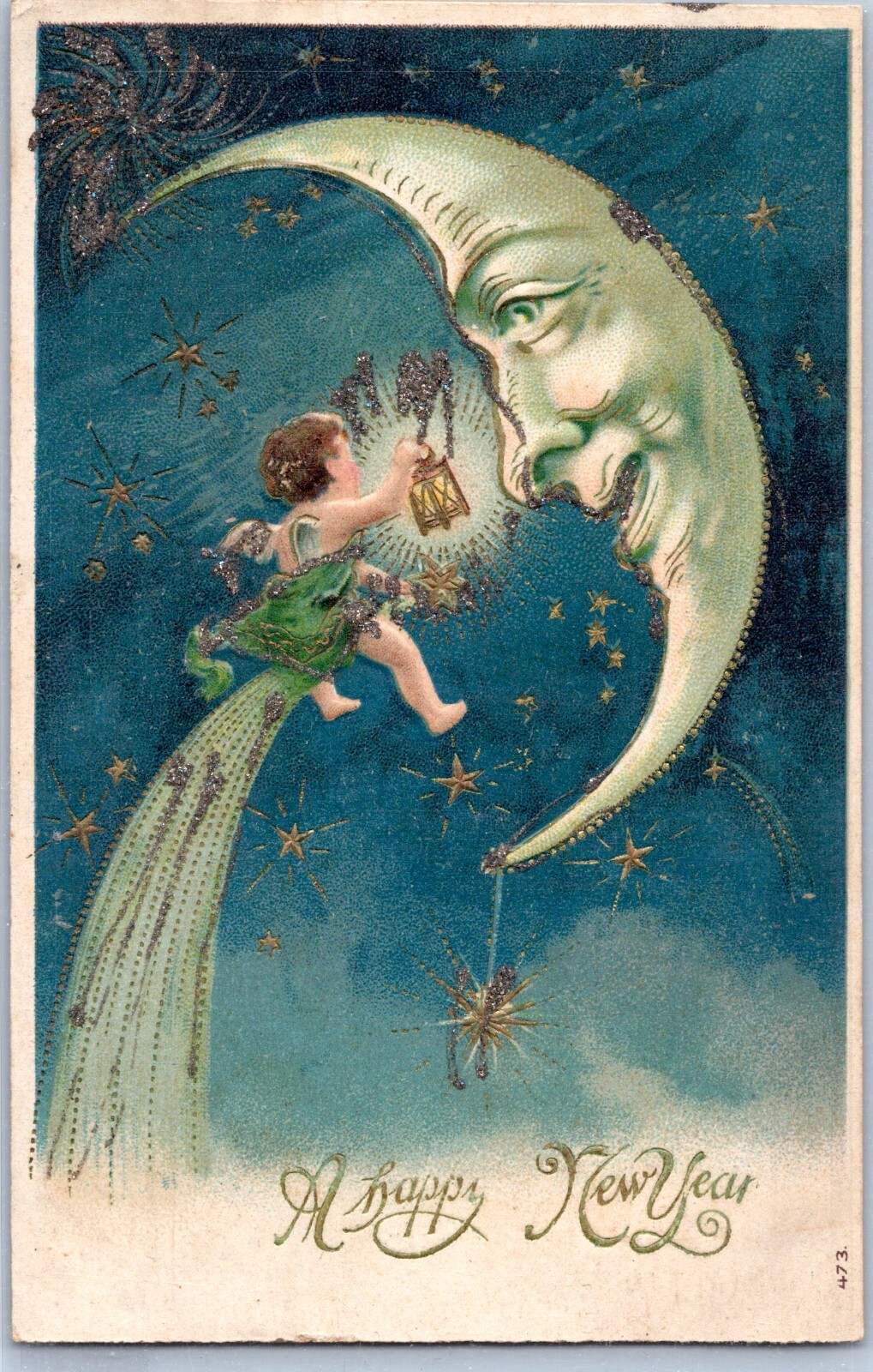 c1907-15 New Years Baby Meets Man in Crescent Moon- Fantasy Postcard - Gold Gilt
