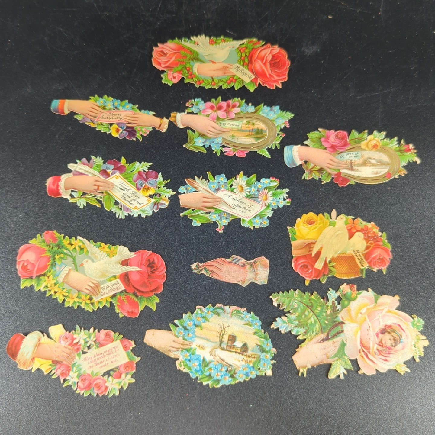Lot 12 Victorian DIE CUT Scrap hands flowers vintage antique embossed