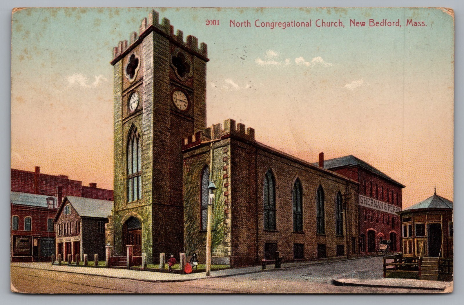 North Congregational Church Clock Tower New Bedford MA UDB 1909 Postcard TS-195