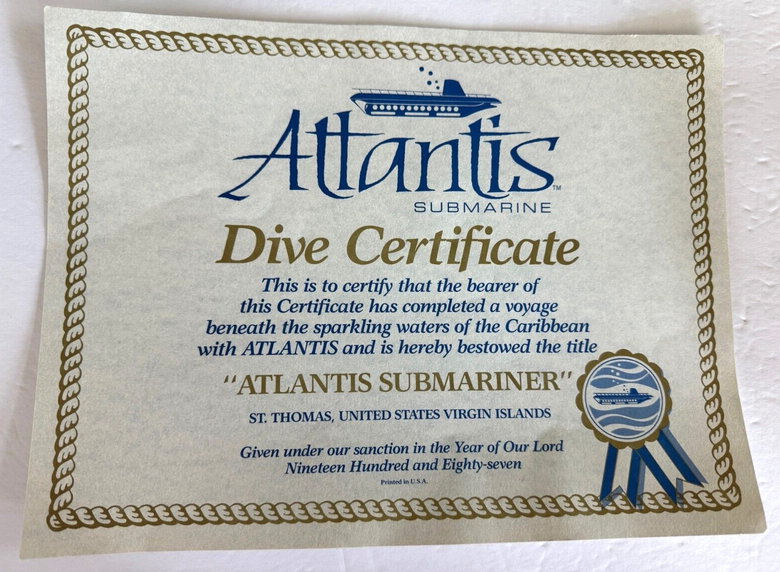 Vintage Atlantis Submariner Dive Diving Certificate 1987 St. Thomas Virgin Islnd