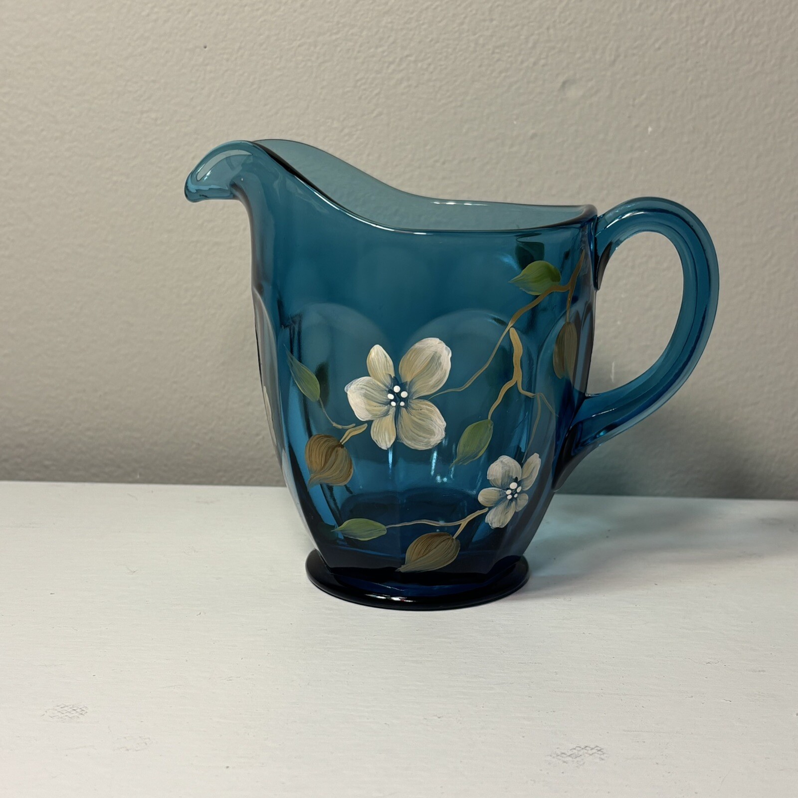 Fenton Cherry Blossom Indigo Blue Hand Painted Pitcher